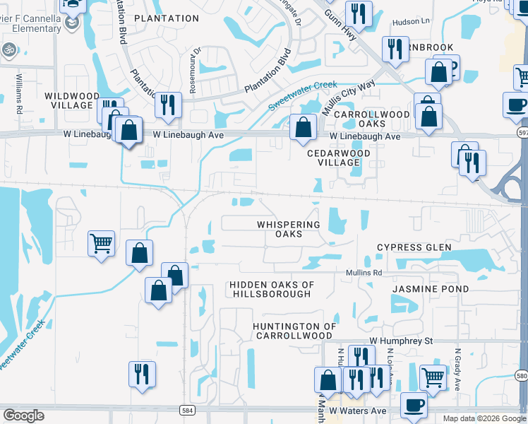 map of restaurants, bars, coffee shops, grocery stores, and more near 9126 Whispering Willow Way in Tampa