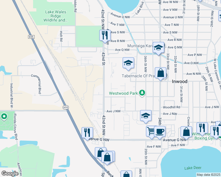 map of restaurants, bars, coffee shops, grocery stores, and more near 1368 40th Street Northwest in Winter Haven