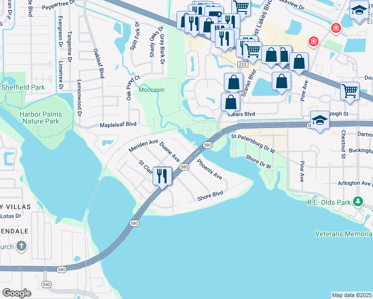 map of restaurants, bars, coffee shops, grocery stores, and more near 3160 Phoenix Avenue in Oldsmar