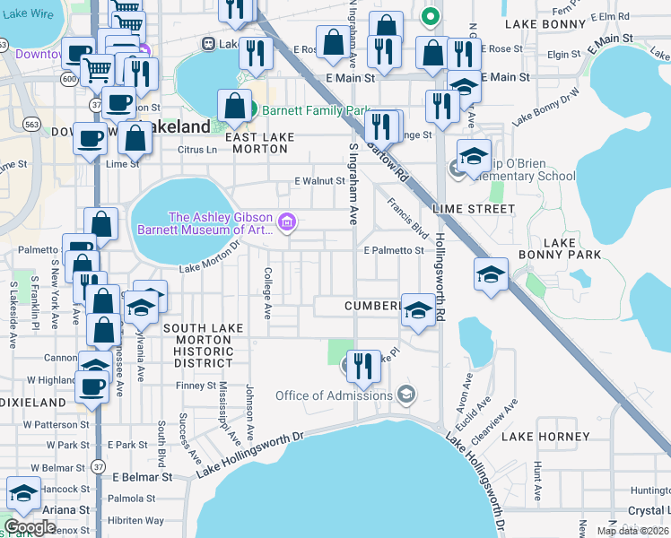 map of restaurants, bars, coffee shops, grocery stores, and more near 712 Winfree Avenue in Lakeland