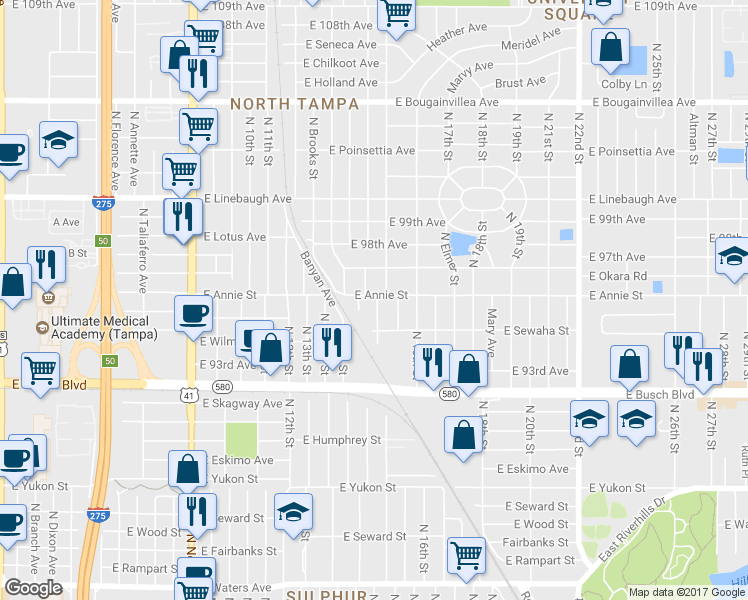 map of restaurants, bars, coffee shops, grocery stores, and more near 1415 East Annie Street in Tampa