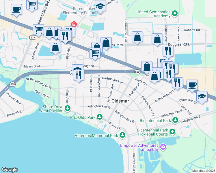 map of restaurants, bars, coffee shops, grocery stores, and more near 306 Jefferson Avenue in Oldsmar