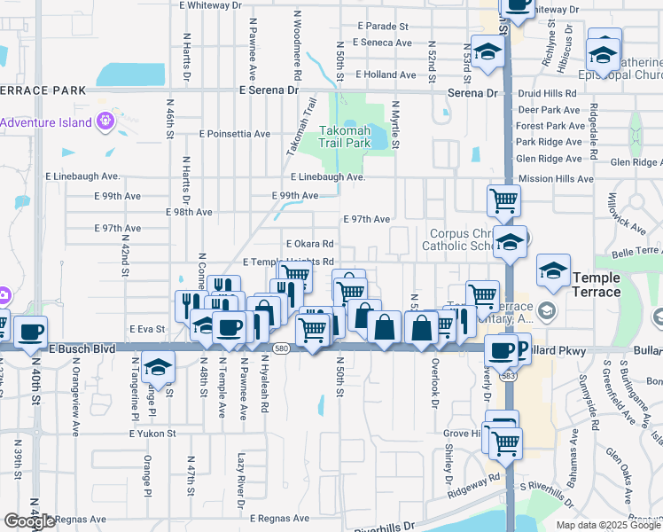 map of restaurants, bars, coffee shops, grocery stores, and more near 4908 East Temple Heights Road in Tampa