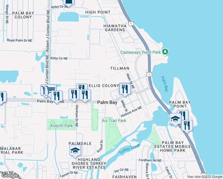map of restaurants, bars, coffee shops, grocery stores, and more near 2809 Hessey Avenue Northeast in Palm Bay