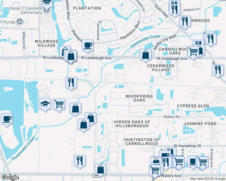 map of restaurants, bars, coffee shops, grocery stores, and more near 4762 Whispering Wind Avenue in Tampa