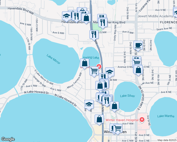 map of restaurants, bars, coffee shops, grocery stores, and more near 700 Mirror Terrace Northwest in Winter Haven