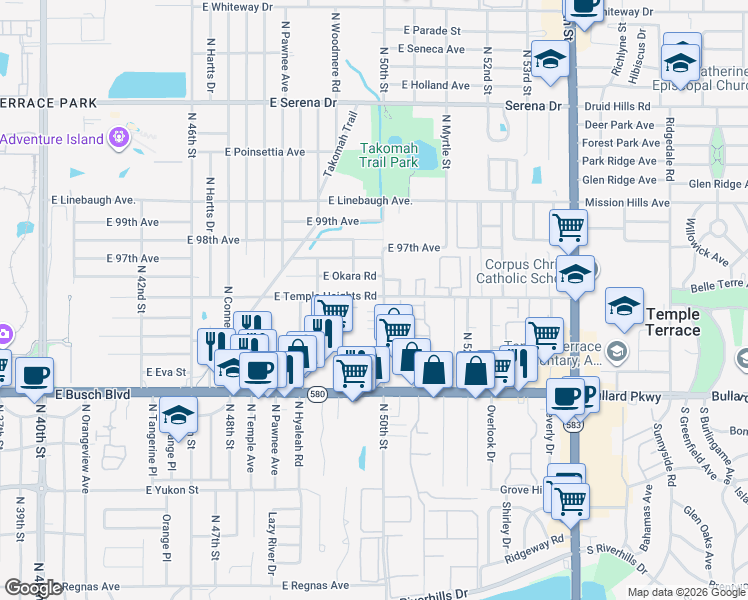map of restaurants, bars, coffee shops, grocery stores, and more near 4908 East Temple Heights Road in Tampa