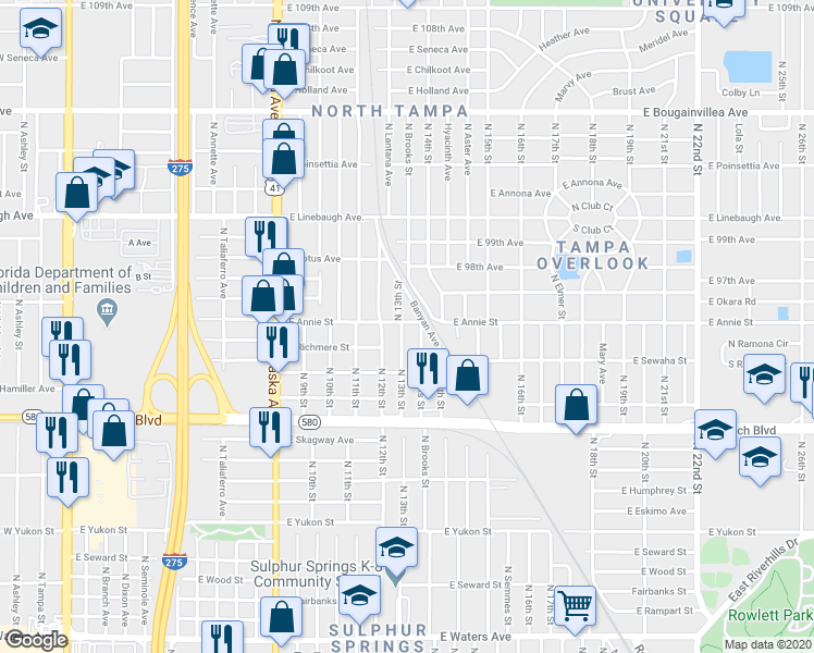 map of restaurants, bars, coffee shops, grocery stores, and more near 1306 East Annie Street in Tampa