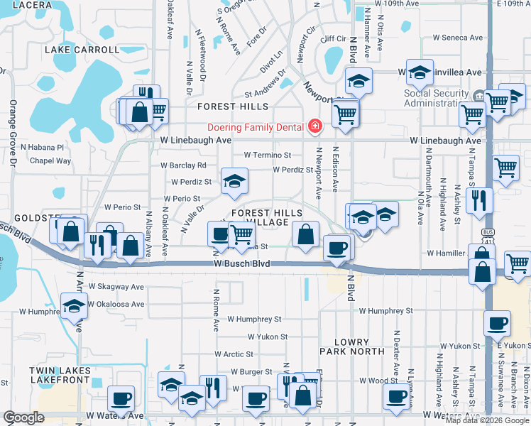 map of restaurants, bars, coffee shops, grocery stores, and more near 9498 Forest Hills Circle in Tampa
