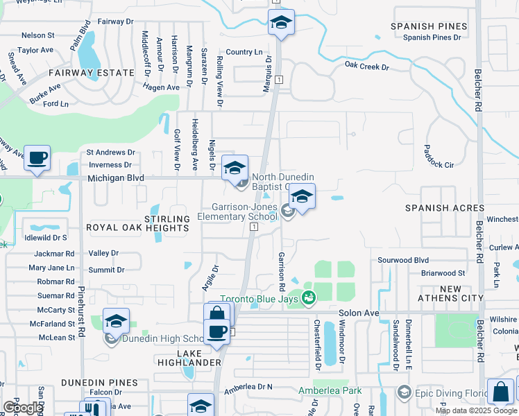 map of restaurants, bars, coffee shops, grocery stores, and more near 508 Hunters Glen Drive in Dunedin