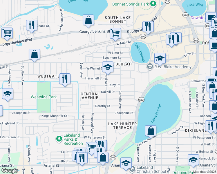 map of restaurants, bars, coffee shops, grocery stores, and more near in Lakeland