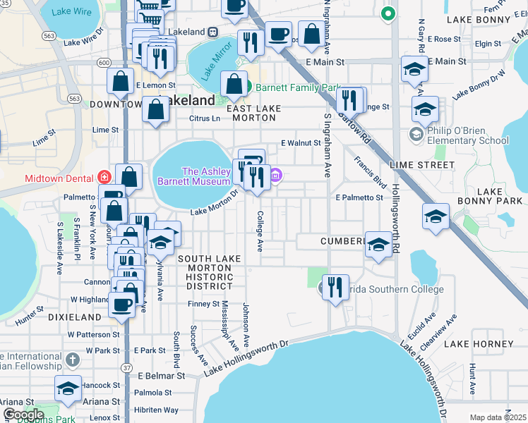 map of restaurants, bars, coffee shops, grocery stores, and more near 720 College Avenue in Lakeland