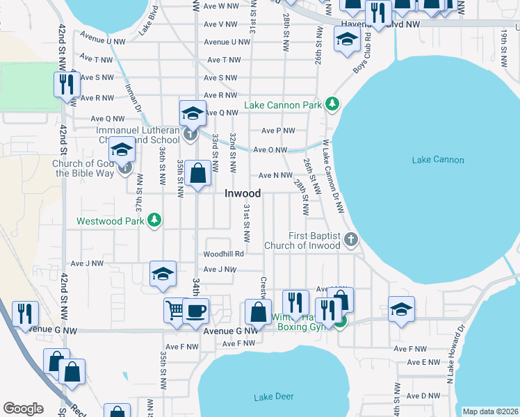 map of restaurants, bars, coffee shops, grocery stores, and more near 1215 30th Street Northwest in Winter Haven