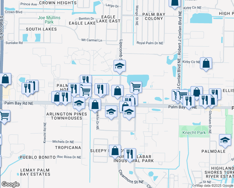 map of restaurants, bars, coffee shops, grocery stores, and more near 4670 Lipscomb Street in Palm Bay