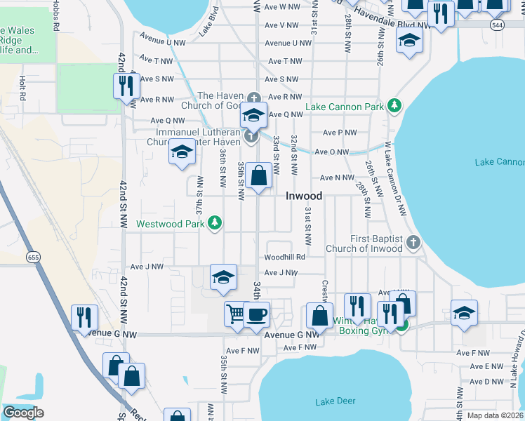 map of restaurants, bars, coffee shops, grocery stores, and more near 1287 34th Street Northwest in Winter Haven