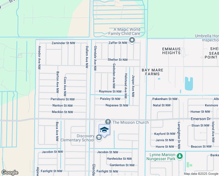 map of restaurants, bars, coffee shops, grocery stores, and more near 1520 Fairlee Avenue Northwest in Palm Bay