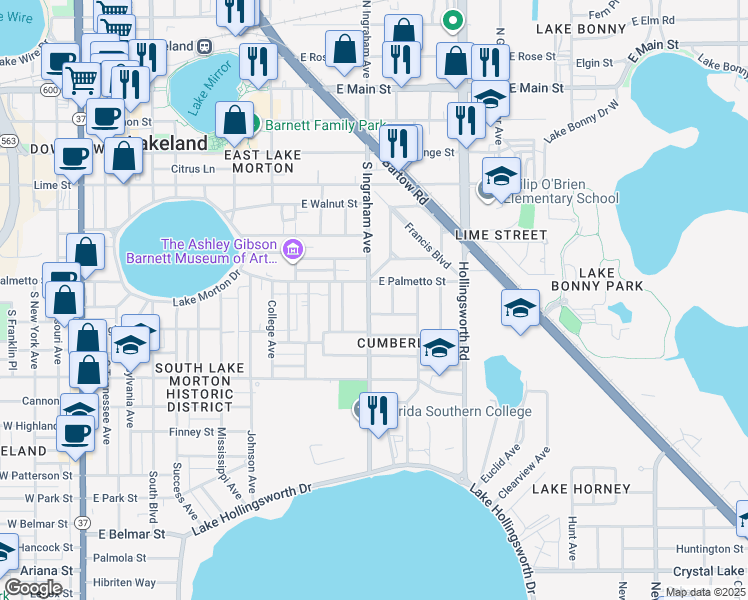 map of restaurants, bars, coffee shops, grocery stores, and more near 724 South Ingraham Avenue in Lakeland
