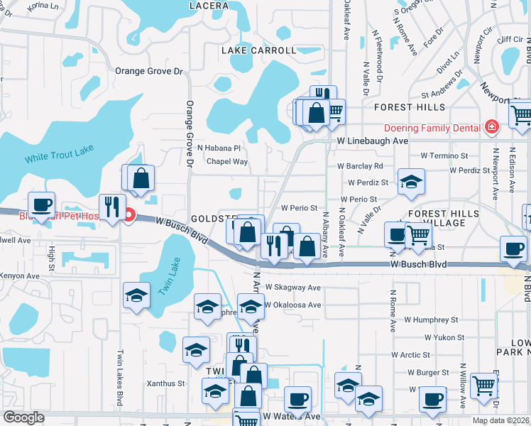 map of restaurants, bars, coffee shops, grocery stores, and more near 9505 Citrus Glen Place in Tampa