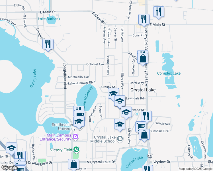 map of restaurants, bars, coffee shops, grocery stores, and more near 609 Hickory Lane in Lakeland