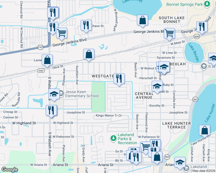map of restaurants, bars, coffee shops, grocery stores, and more near 1623 Eldorado Drive in Lakeland