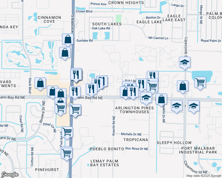 map of restaurants, bars, coffee shops, grocery stores, and more near 1881 Palm Bay Road Northeast in Palm Bay
