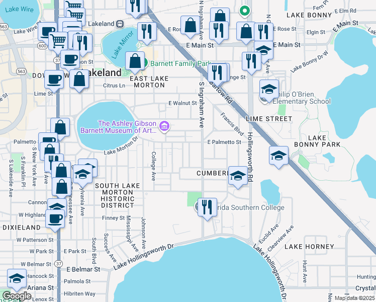 map of restaurants, bars, coffee shops, grocery stores, and more near 715 Angelina Lane in Lakeland