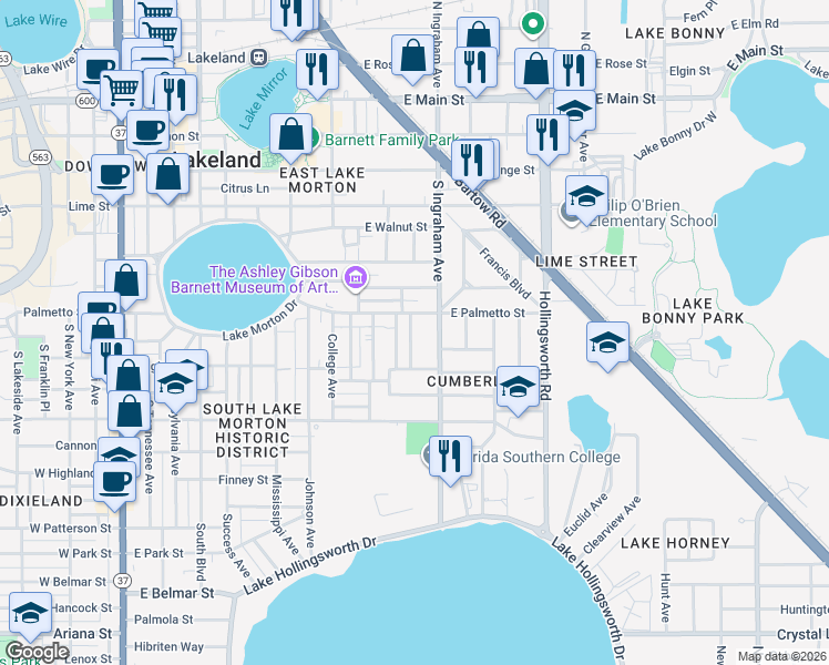 map of restaurants, bars, coffee shops, grocery stores, and more near 712 Winfree Avenue in Lakeland