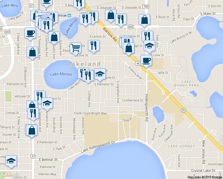 map of restaurants, bars, coffee shops, grocery stores, and more near 712 Winfree Avenue in Lakeland