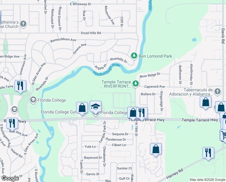 map of restaurants, bars, coffee shops, grocery stores, and more near 7746 Temple Terrace Highway in Tampa