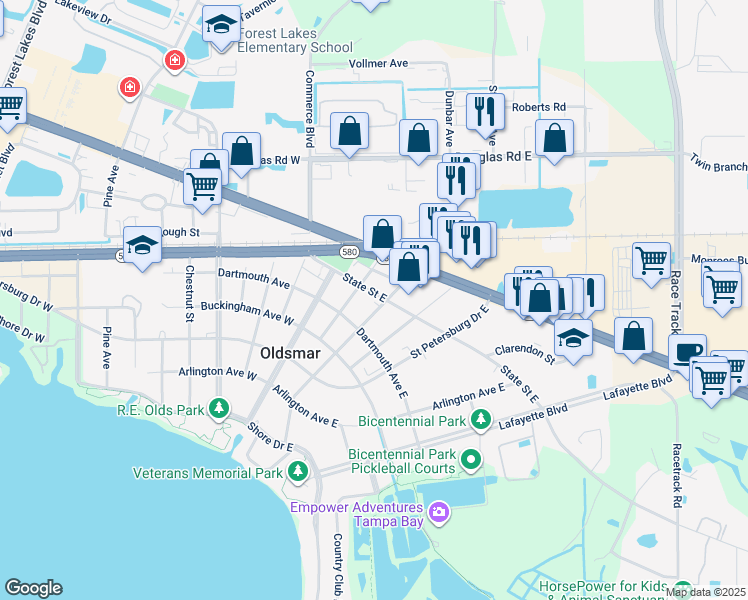map of restaurants, bars, coffee shops, grocery stores, and more near 120 State Street West in Oldsmar