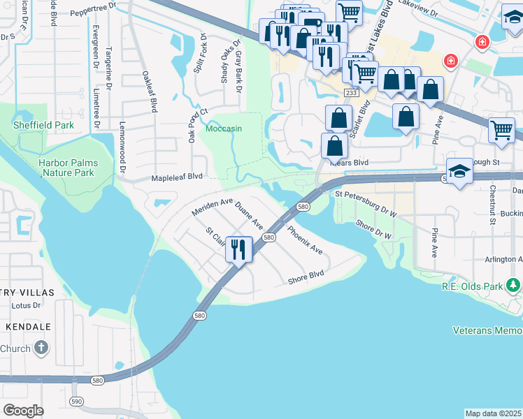 map of restaurants, bars, coffee shops, grocery stores, and more near 3160 Phoenix Avenue in Oldsmar