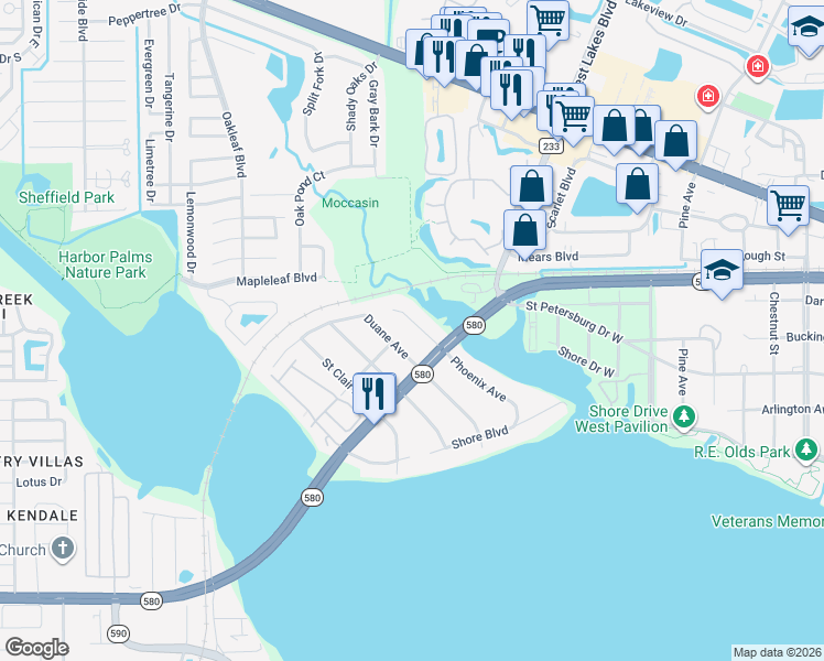 map of restaurants, bars, coffee shops, grocery stores, and more near 3175 Phoenix Avenue in Oldsmar