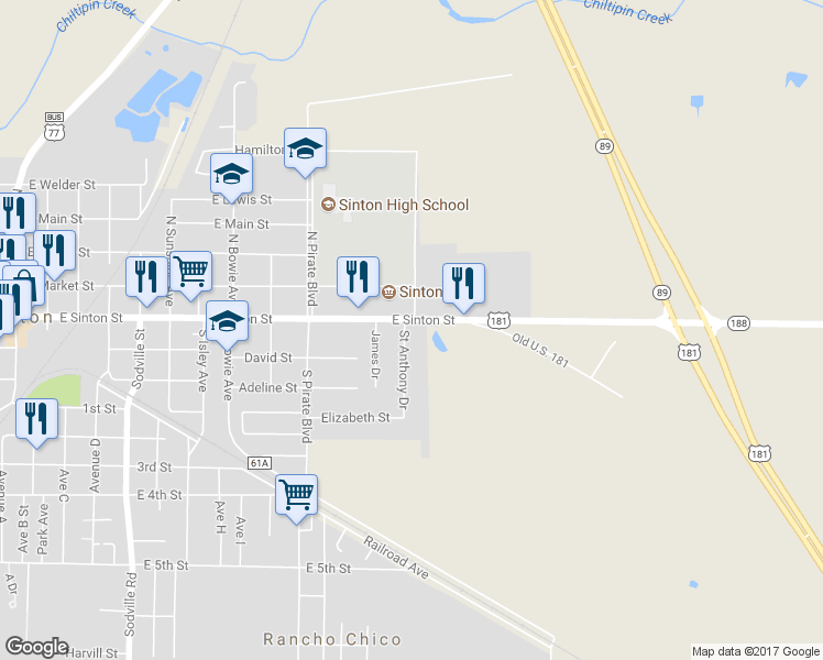 map of restaurants, bars, coffee shops, grocery stores, and more near 102 Saint Anthony Drive in Sinton