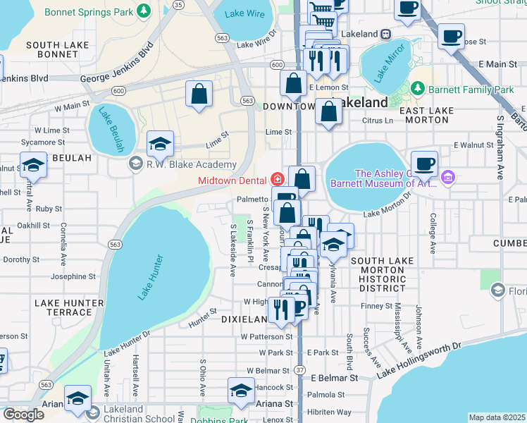 map of restaurants, bars, coffee shops, grocery stores, and more near 330 West Palmetto Street in Lakeland
