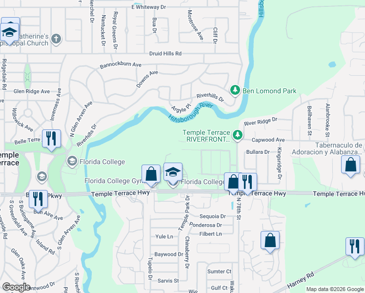 map of restaurants, bars, coffee shops, grocery stores, and more near 9310 Clouse Road in Temple Terrace