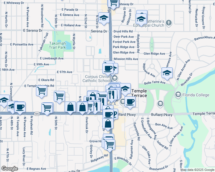 map of restaurants, bars, coffee shops, grocery stores, and more near in TEMPLE TERR