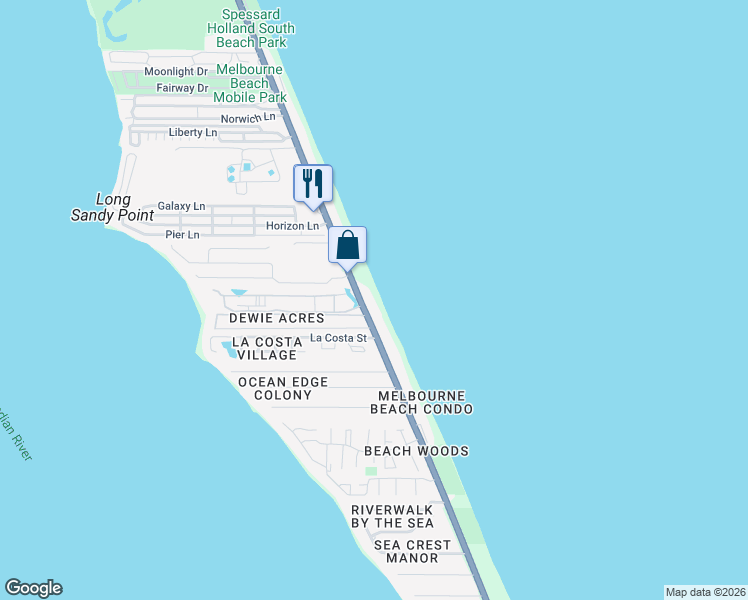 map of restaurants, bars, coffee shops, grocery stores, and more near 3035 South Highway A1A in Melbourne Beach