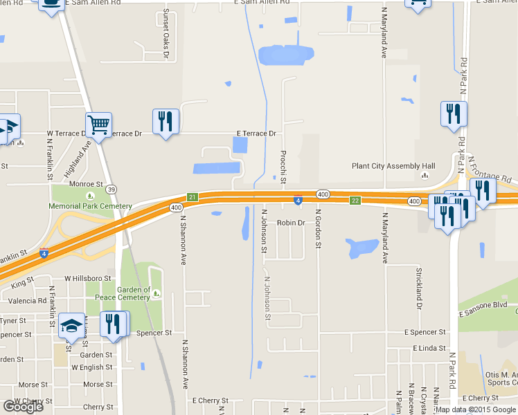 map of restaurants, bars, coffee shops, grocery stores, and more near 2309 North Johnson Street in Plant City