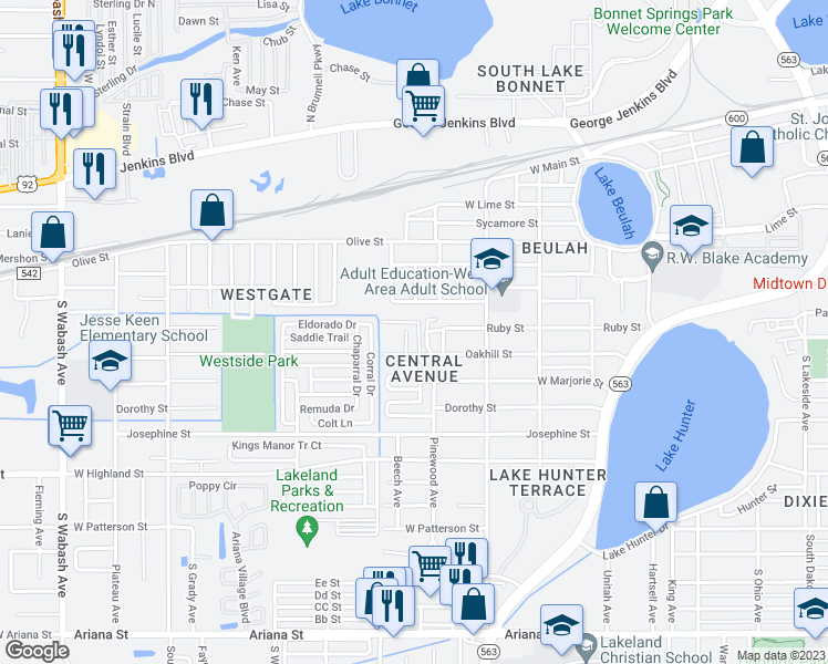 map of restaurants, bars, coffee shops, grocery stores, and more near 1331 Oakhill Street in Lakeland