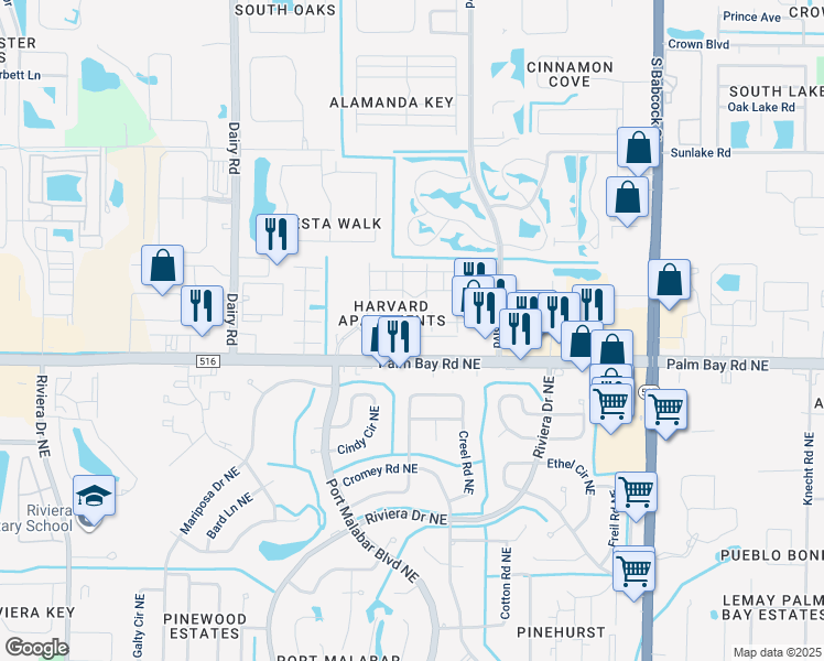 map of restaurants, bars, coffee shops, grocery stores, and more near 665 Short Hills Lane in Melbourne