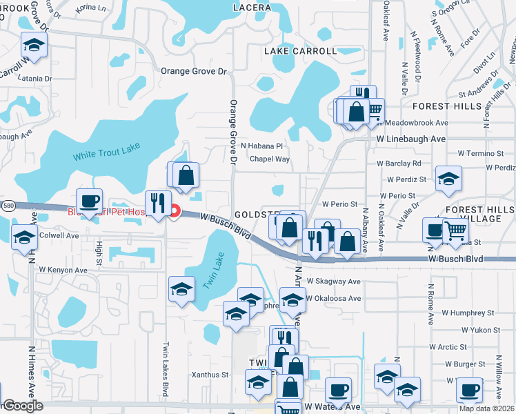 map of restaurants, bars, coffee shops, grocery stores, and more near 9324 North Arrawana Avenue in Tampa