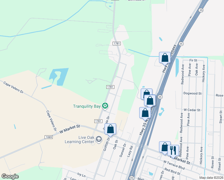 map of restaurants, bars, coffee shops, grocery stores, and more near 1312 Farm to Market Road 1781 in Rockport