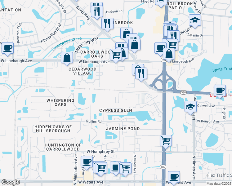 map of restaurants, bars, coffee shops, grocery stores, and more near 9501 Lazy Lane in Tampa