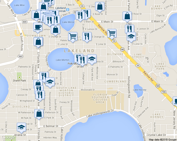 map of restaurants, bars, coffee shops, grocery stores, and more near 712 South Rushing Avenue in Lakeland