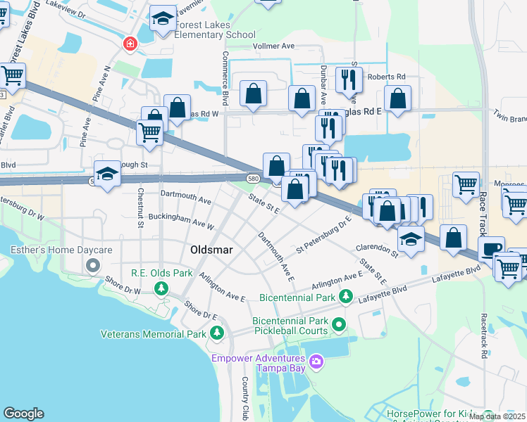 map of restaurants, bars, coffee shops, grocery stores, and more near 120 State Street West in Oldsmar