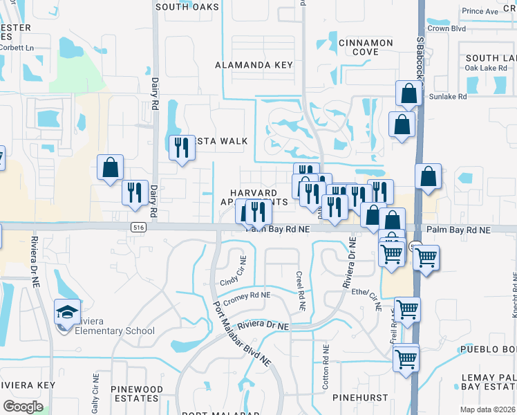 map of restaurants, bars, coffee shops, grocery stores, and more near 675 Short Hills Lane in Melbourne
