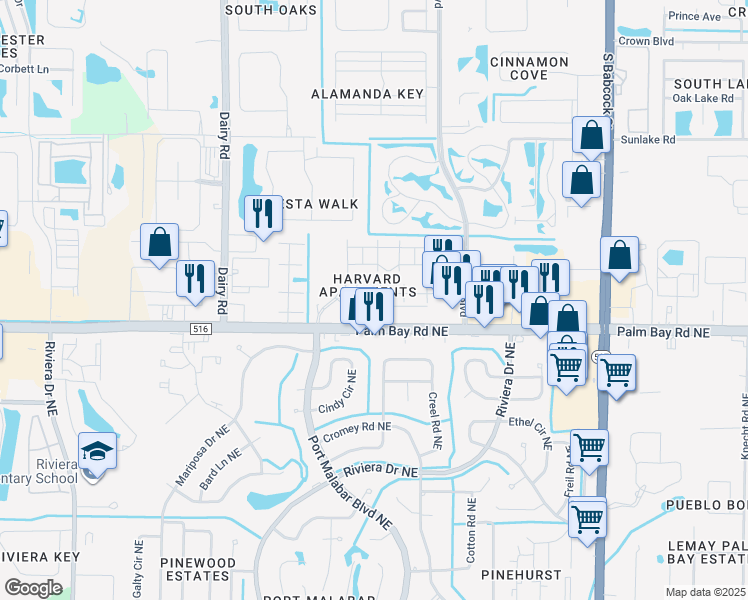 map of restaurants, bars, coffee shops, grocery stores, and more near 675 Short Hills Lane in Melbourne