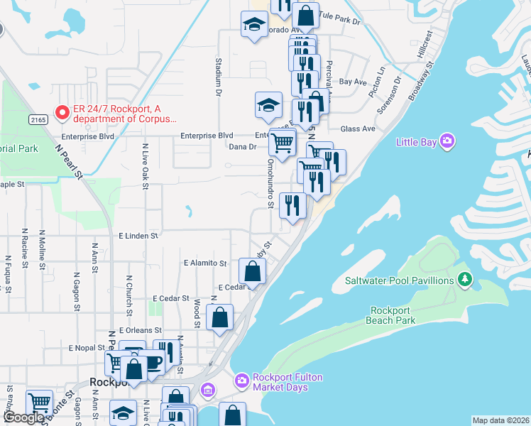 map of restaurants, bars, coffee shops, grocery stores, and more near 1225 Omohundro Street in Rockport