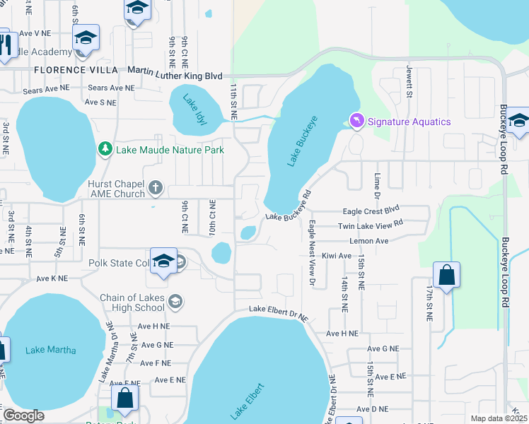 map of restaurants, bars, coffee shops, grocery stores, and more near 604 Country Lane Northeast in Winter Haven