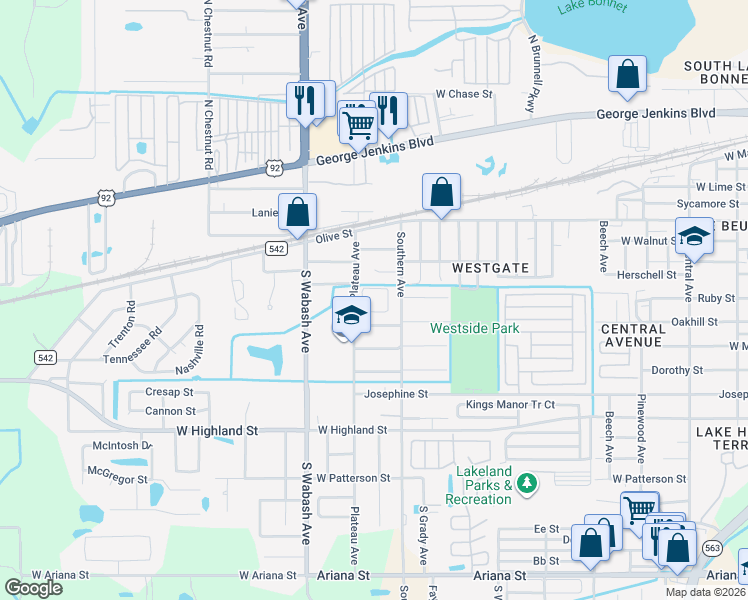 map of restaurants, bars, coffee shops, grocery stores, and more near 712 Plateau Avenue in Lakeland